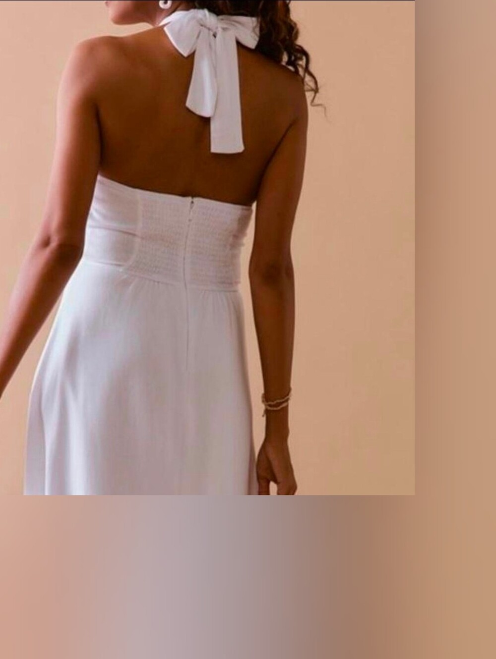 Audrey Parks Francesca’s White Halter Midi Dress Size L Front Slit Smocked Back